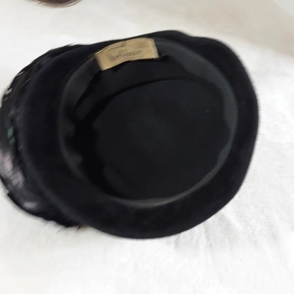 Vintage Black Velvet Velour Beaded with Raven Black Feathers Pillbox Hat - Picture 8 of 9
